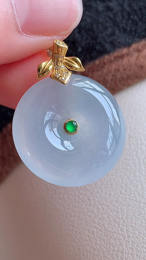 天然翡翠，冰胶平安扣，18k金，无裂，尺寸21.6/6.5，an426