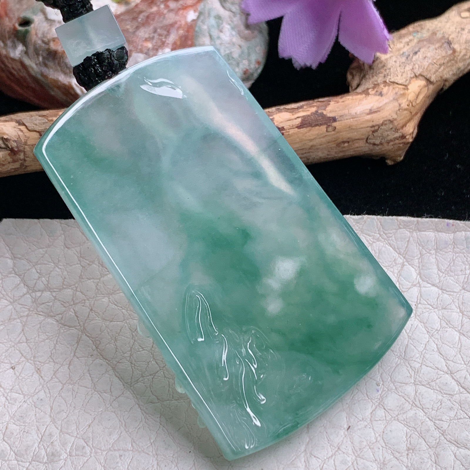 yl实拍55*36.2*6.2缅甸翡翠糯雕冰飘花玉观音玉吊坠 玉挂件