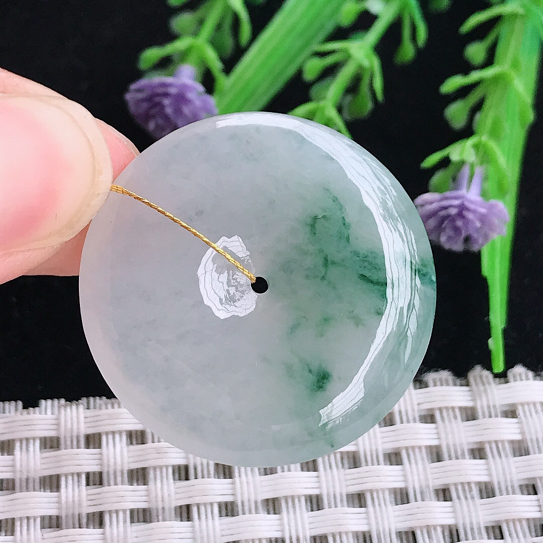 实拍A货翡翠30.5/5.7老坑冰胶水灵冰飘花平安扣吊坠翡翠玉坠挂件