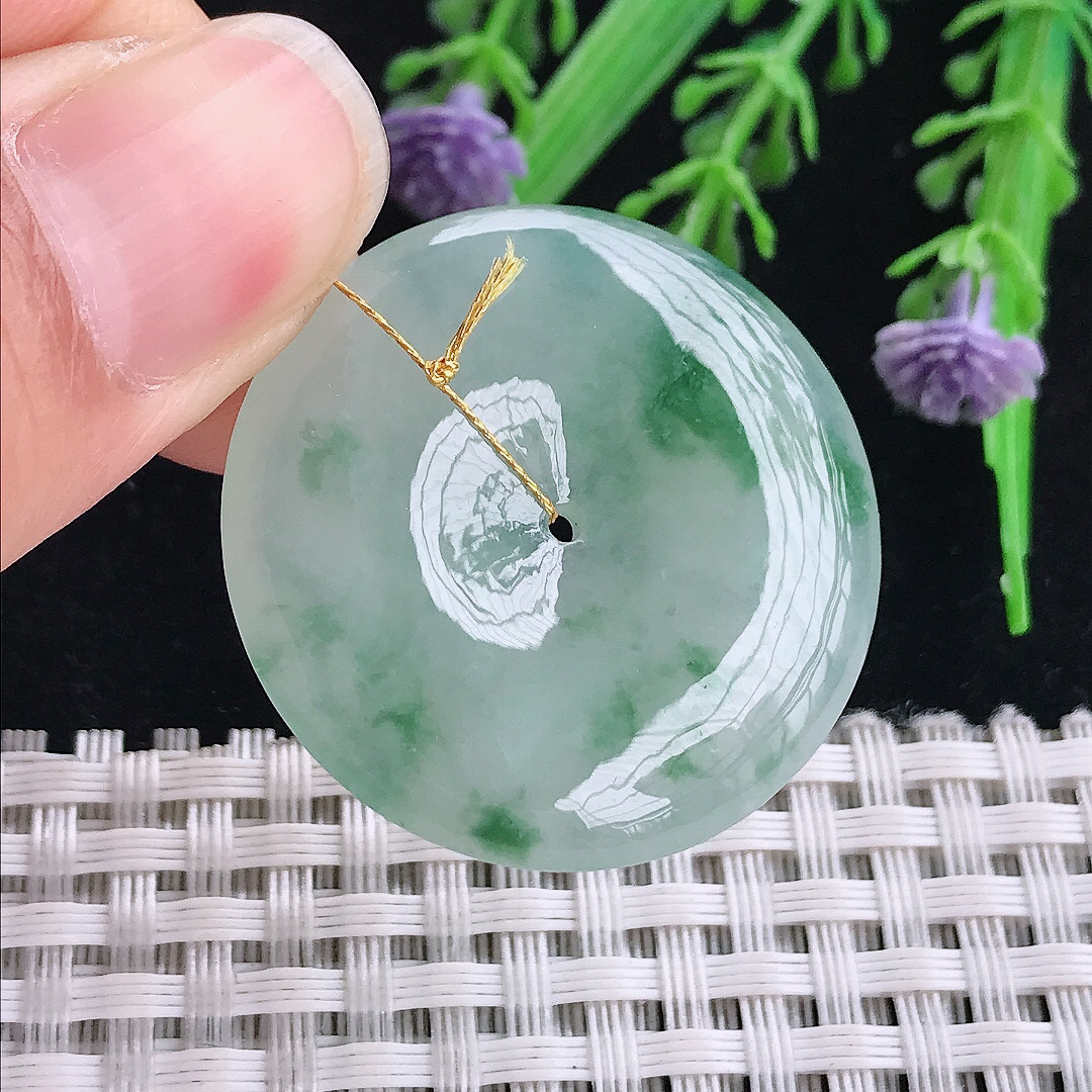 实拍A货翡翠33.2/5.5老坑冰胶水灵飘花平安扣吊坠翡翠玉坠挂件