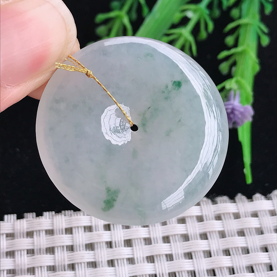 实拍A货翡翠34.5/5.8老坑冰透起胶冰飘花平安扣吊坠翡翠玉扣挂件