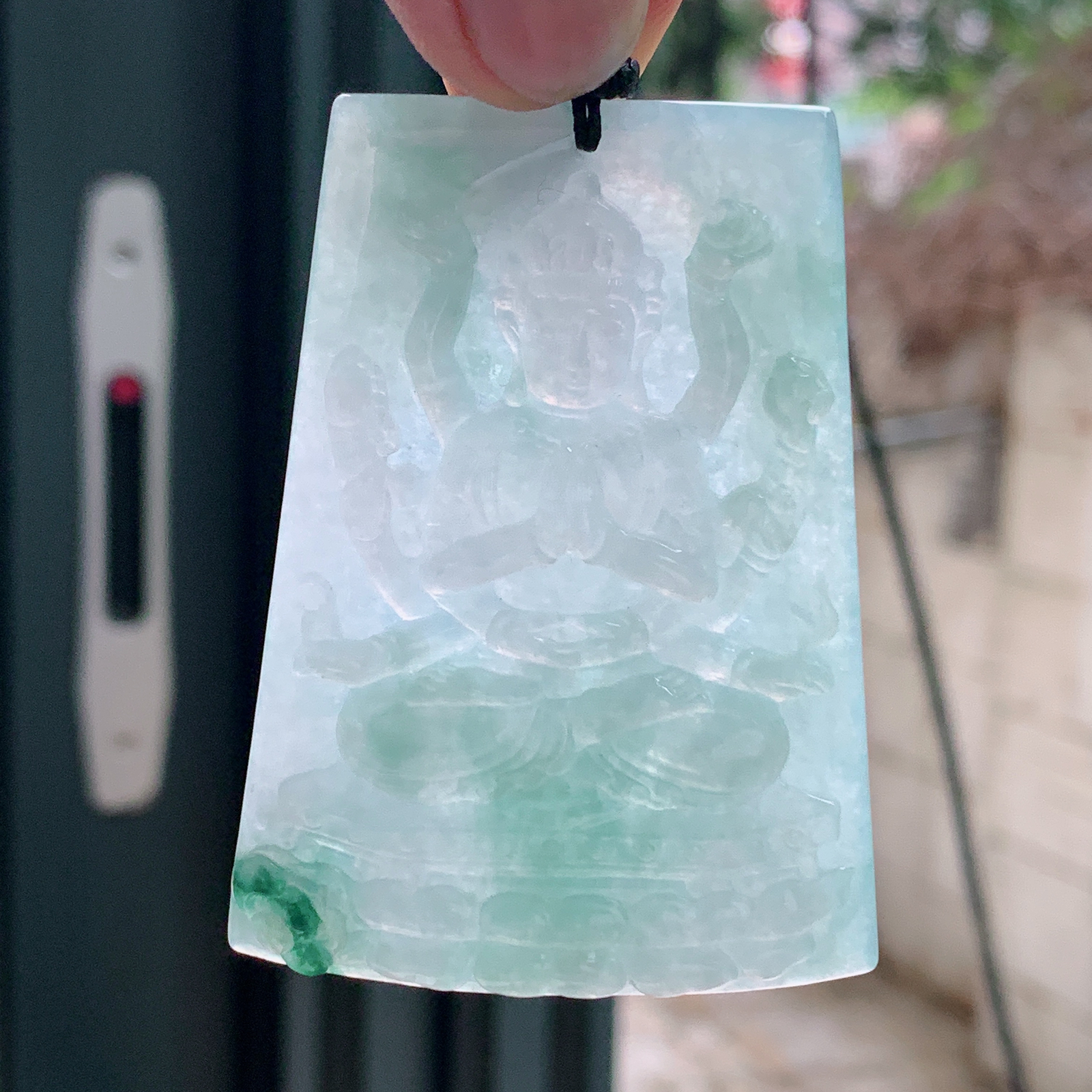 yl实拍65*47.8*5.7缅甸翡翠冰飘花千手观音 生肖守护神玉吊坠 玉挂件