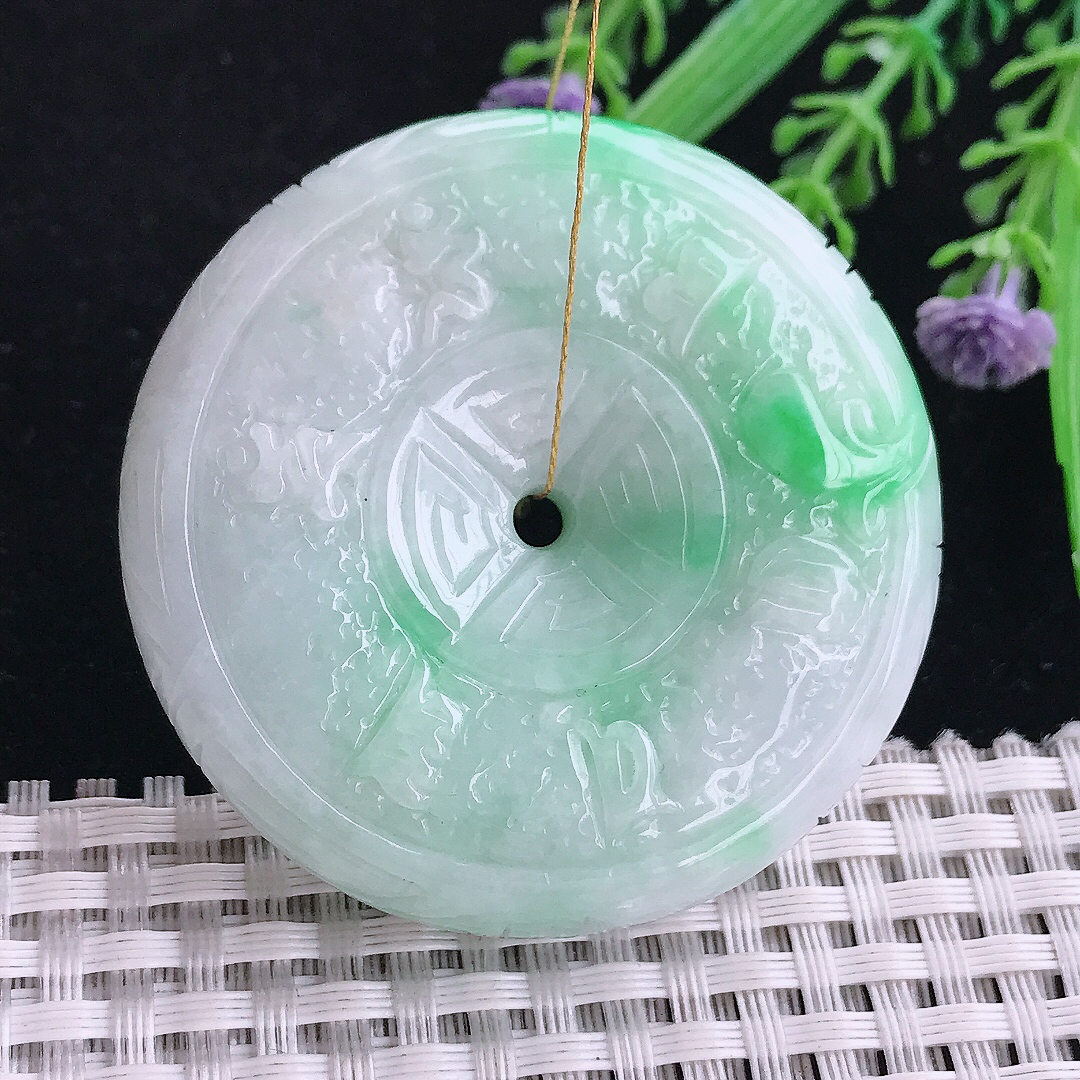 实拍A货翡翠50.3/12.5老坑精美温润飘阳绿仿古平安扣吊坠翡翠玉坠挂件