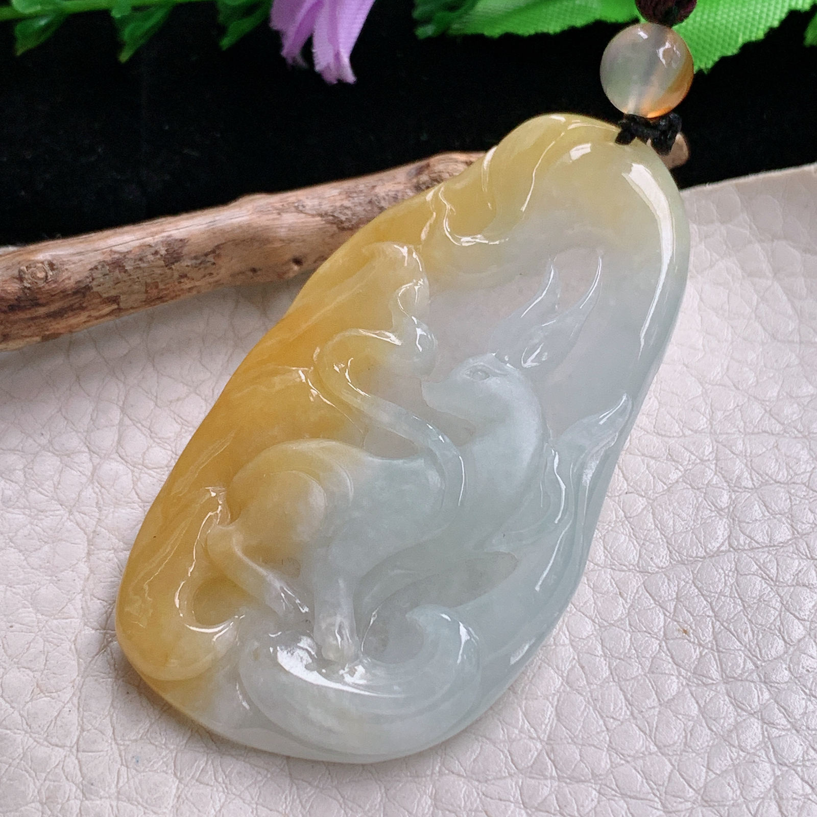 t实拍63.5*35*6缅甸翡翠A货精雕冰双彩水灵九尾孤玉吊坠 玉挂件