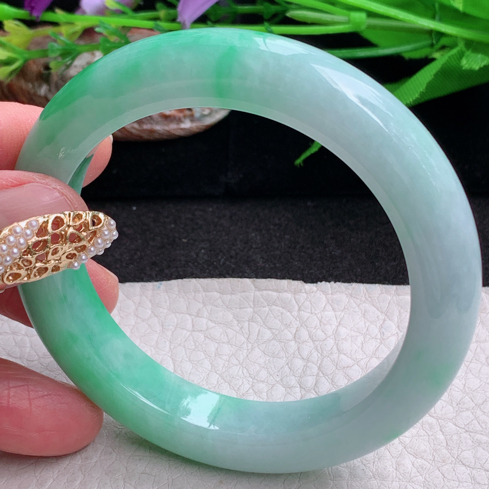 fl白底青56*13.5*9.6平安镯 缅甸翡翠a货手镯飘阳绿正圈玉镯子