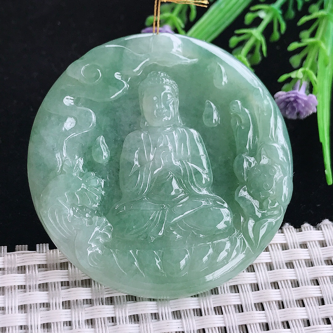 实拍A货翡翠53.5/5老坑冰润满绿大日如来佛祖吊坠翡翠玉坠挂件