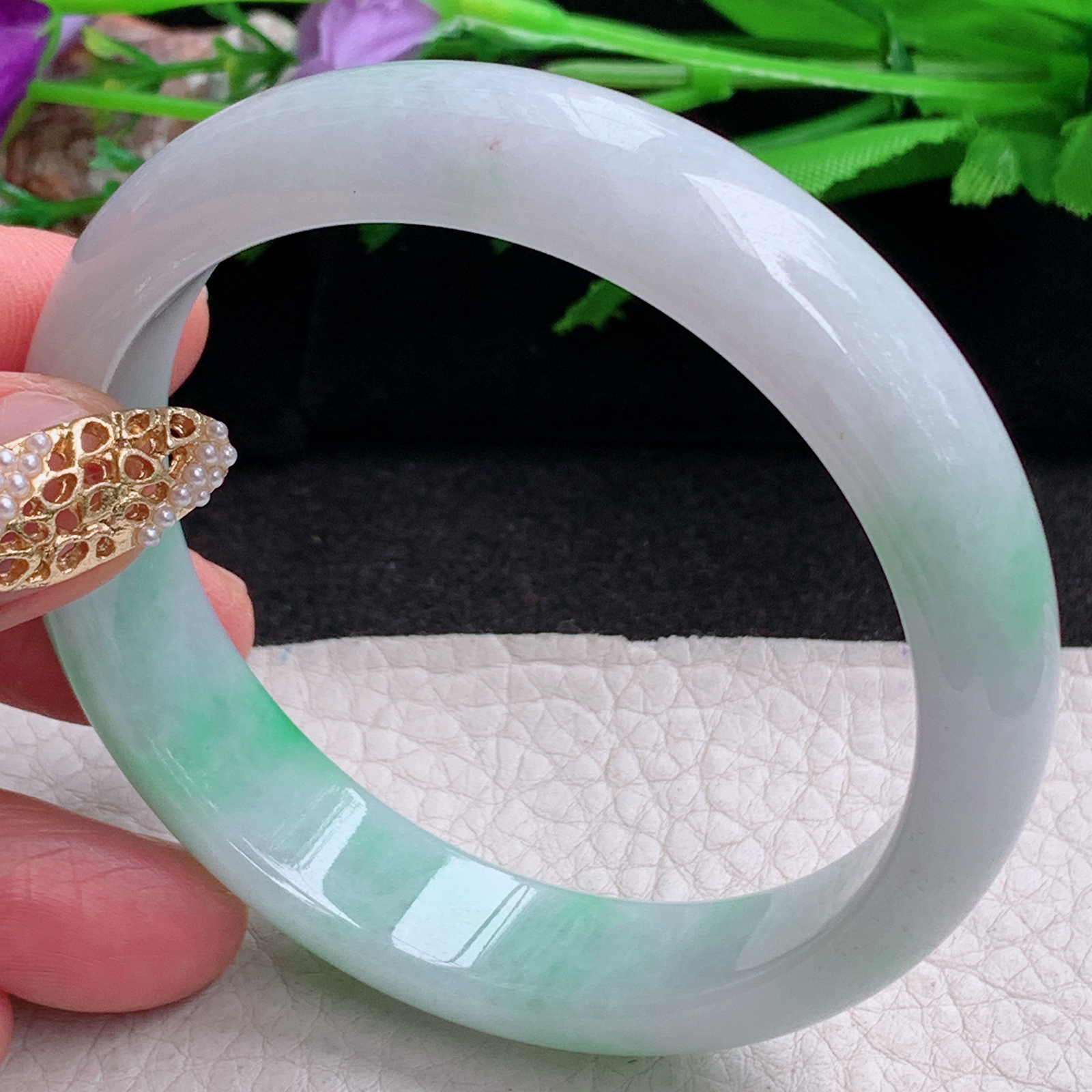 yh白底青58.5*12.3*9.6平安镯 缅甸翡翠a货手镯飘阳绿正圈玉镯子