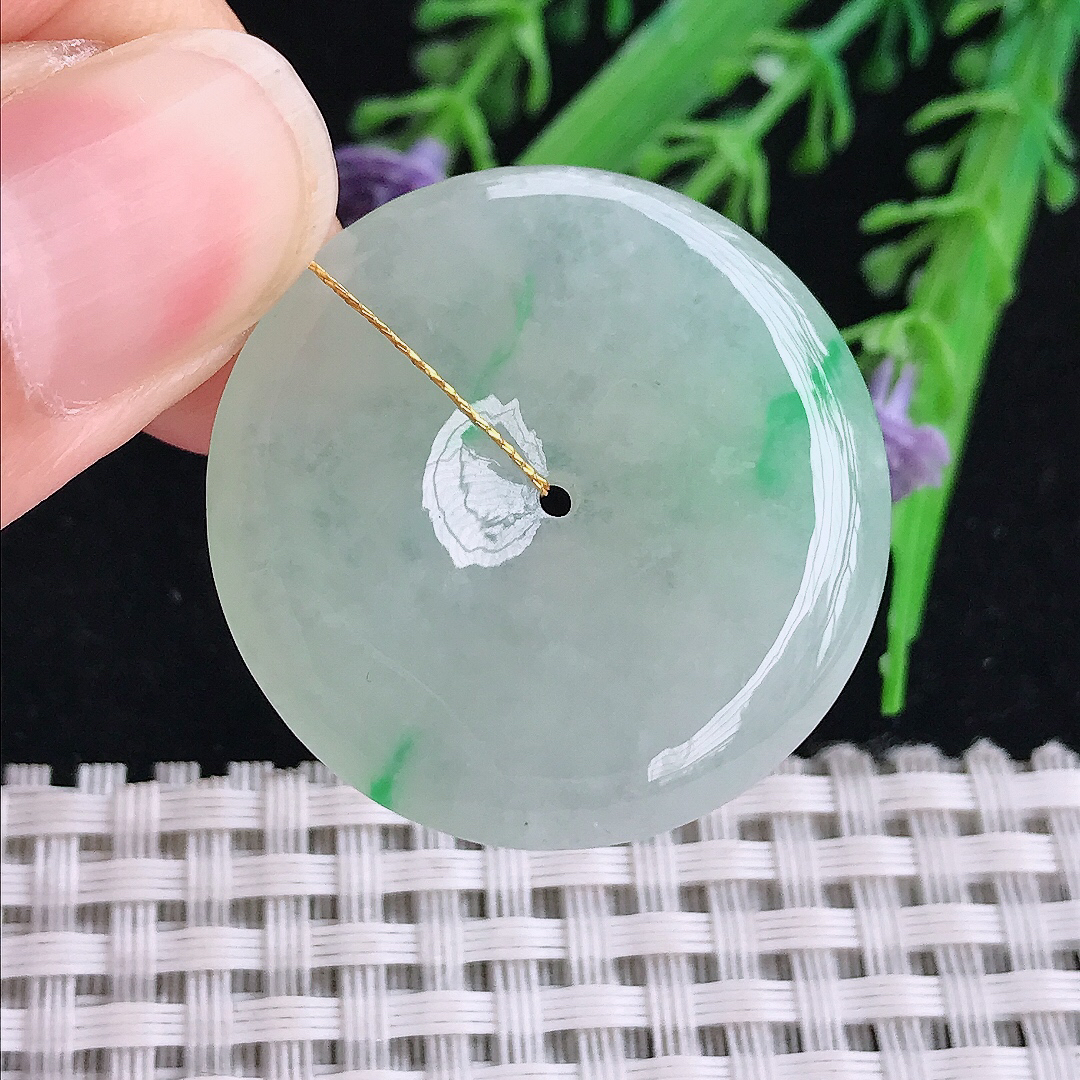 实拍A货翡翠31.9/6老坑冰胶果冻冰晴飘绿平安扣吊坠翡翠玉扣挂件