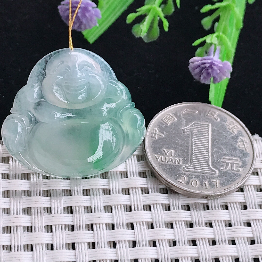 实拍A货翡翠27.6/30.6/5.5老坑冰胶飘绿佛公吊坠翡翠玉坠挂件