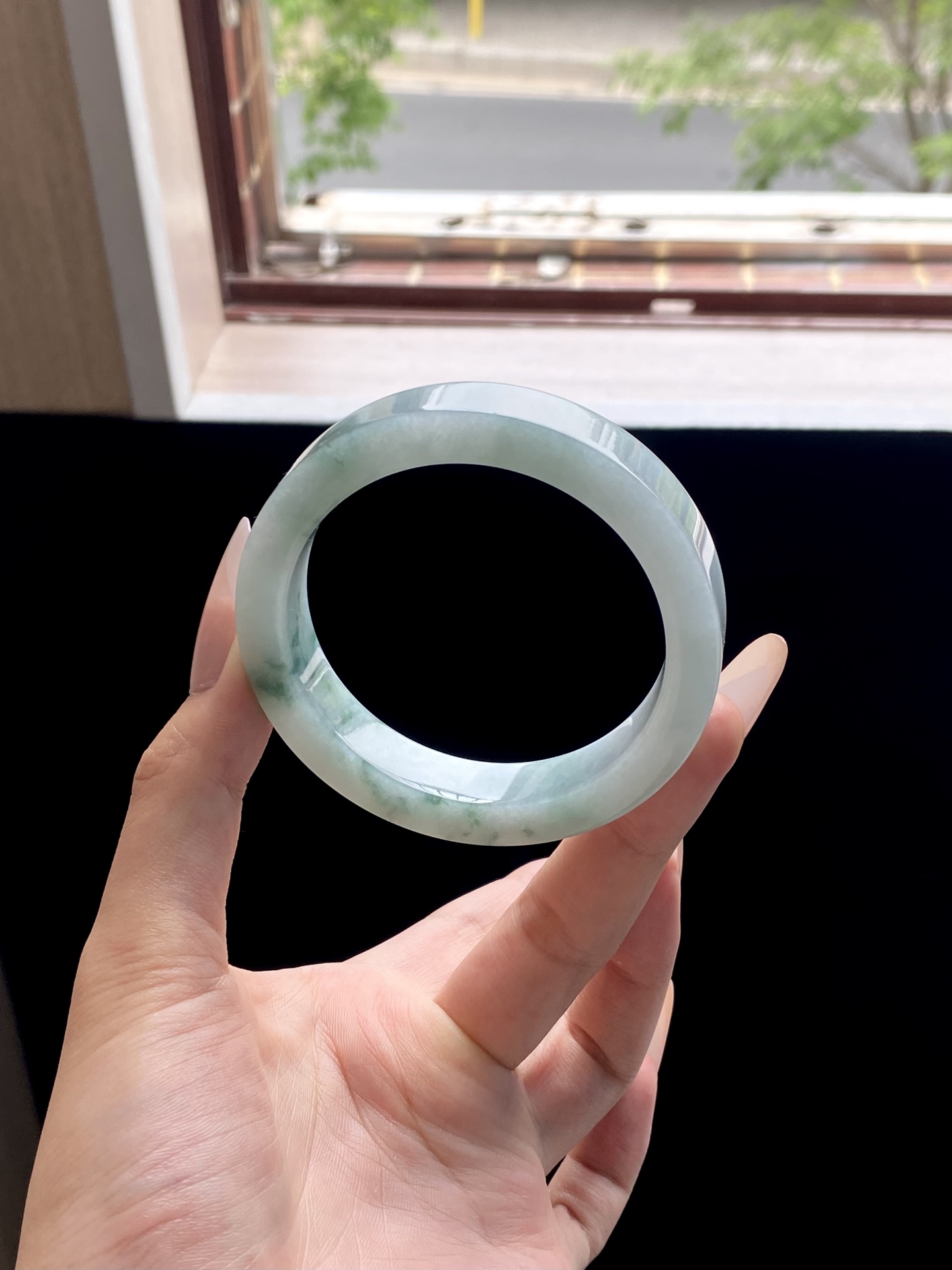 冰蓝飘花镯胚，A0420-10，74-57.5-12.5-8.5，可做57+～58正圈