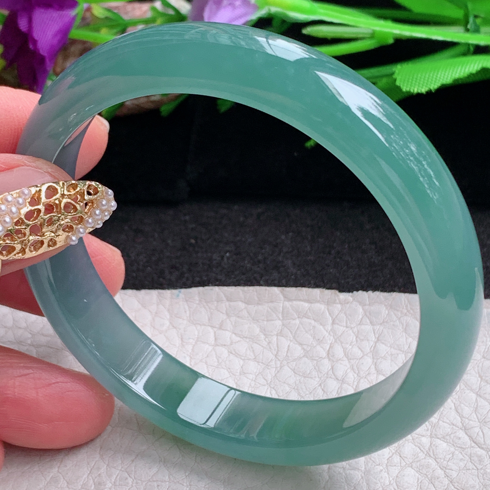 yh实拍57*11.8*7平安镯 天然翡翠a货手镯冰蓝正圈玉镯子