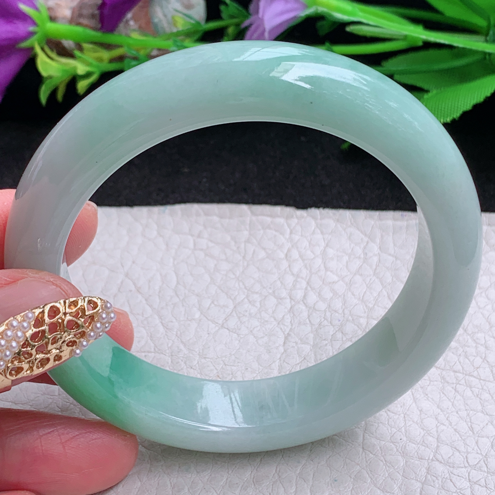 nr实拍57.85*13.8*9平安镯 缅甸翡翠a货手镯飘绿厚装正圈玉镯子