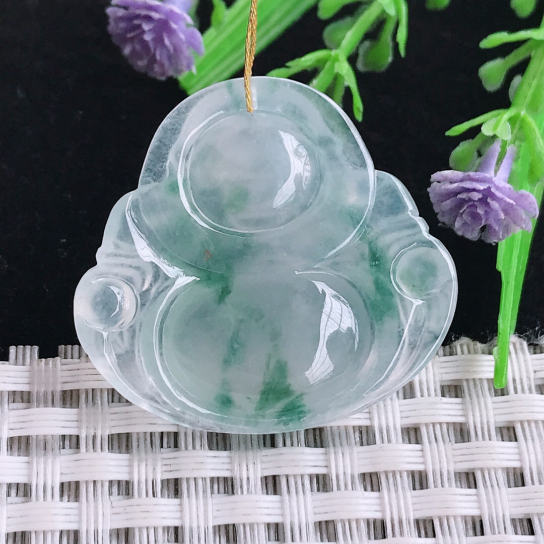 实拍A货翡翠29.6/32/6.1老坑冰种起胶冰飘花佛公吊坠翡翠玉佛挂件