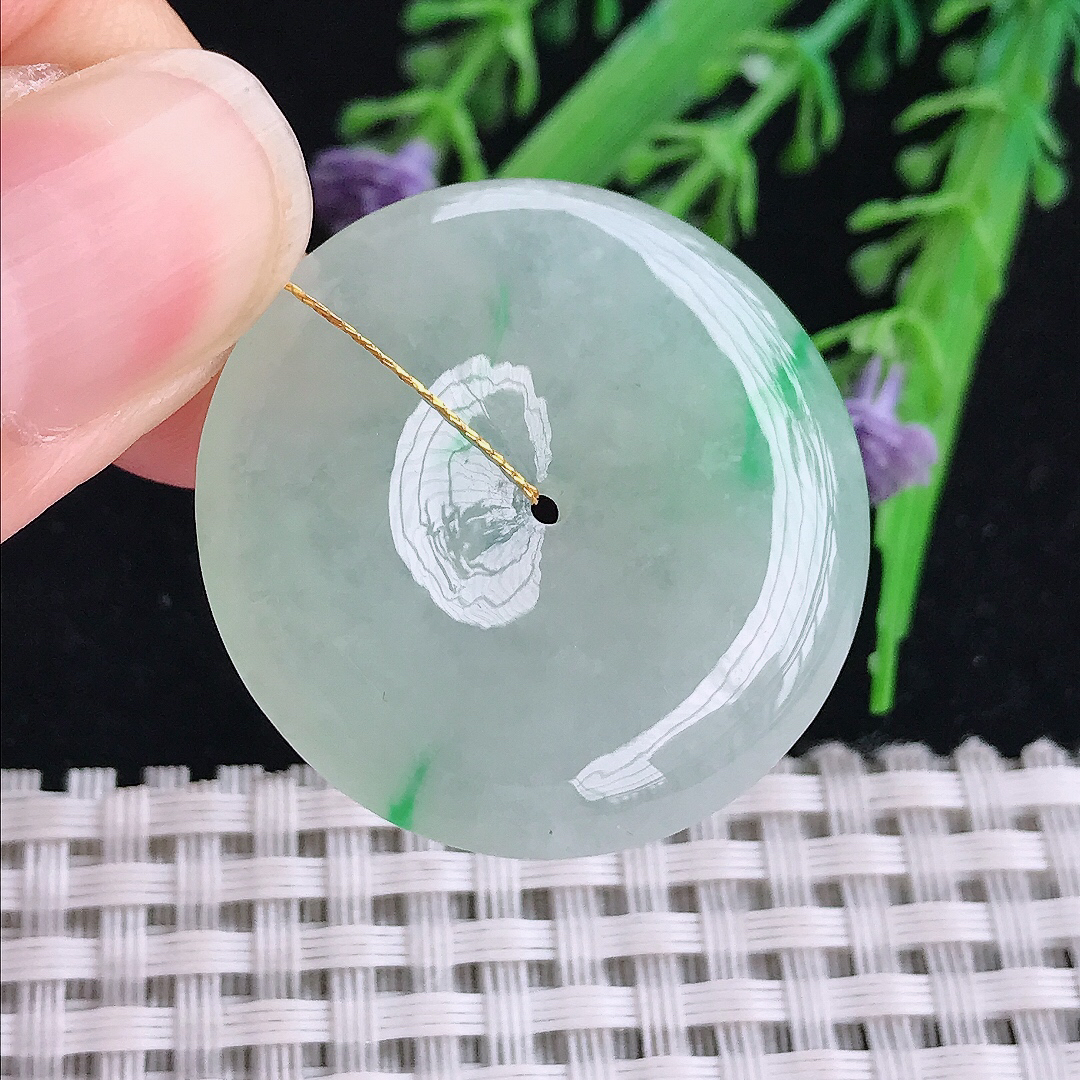 实拍A货翡翠31.9/6老坑冰胶果冻冰晴飘绿平安扣吊坠翡翠玉扣挂件