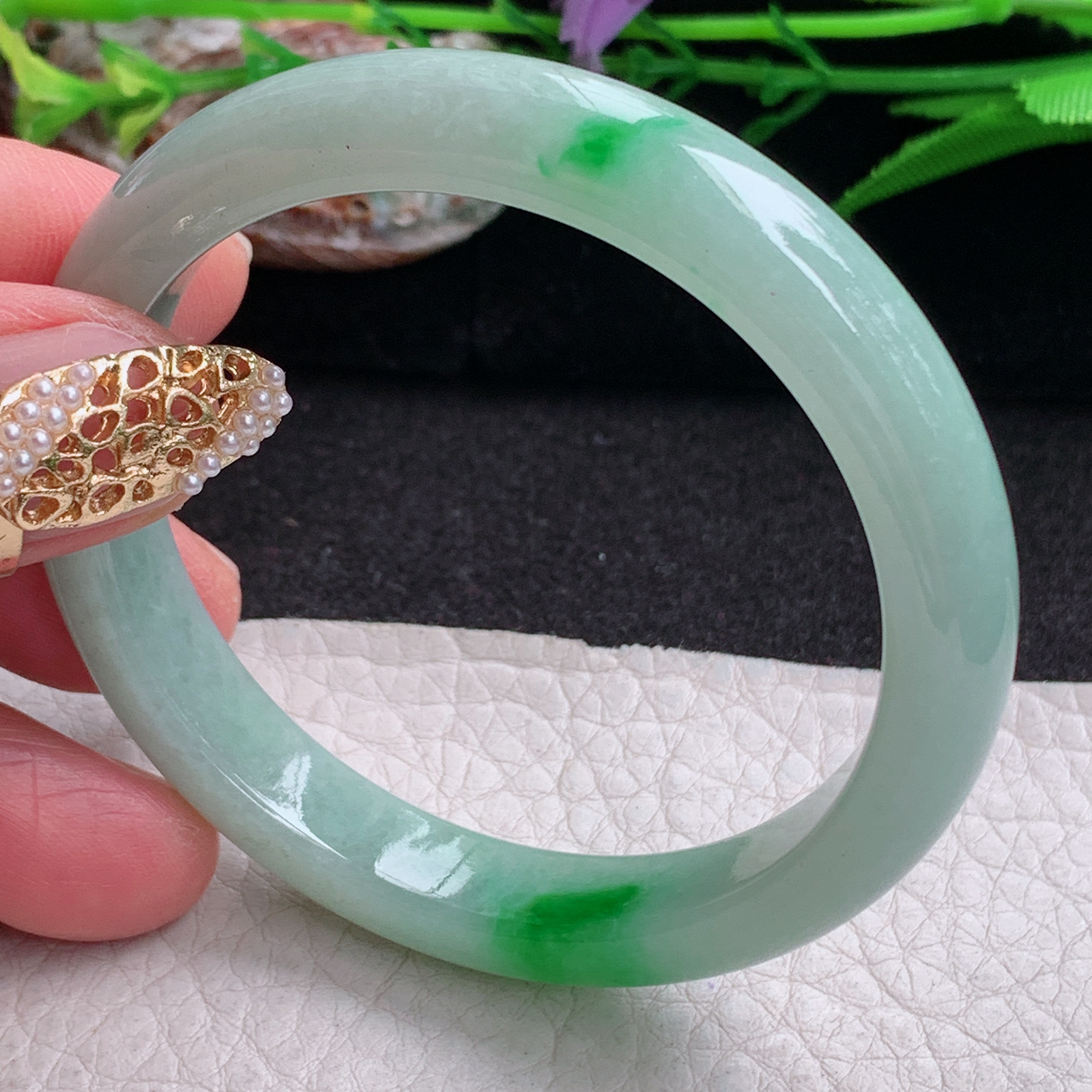 xx小圈口51*9.6*7平安镯 缅甸翡翠a货手镯飘阳绿女款正圈玉镯 子