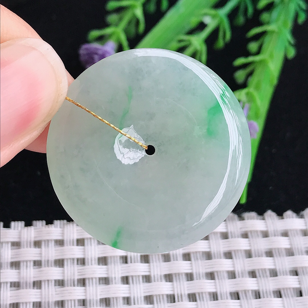 实拍A货翡翠31.9/6老坑冰胶果冻冰晴飘绿平安扣吊坠翡翠玉扣挂件