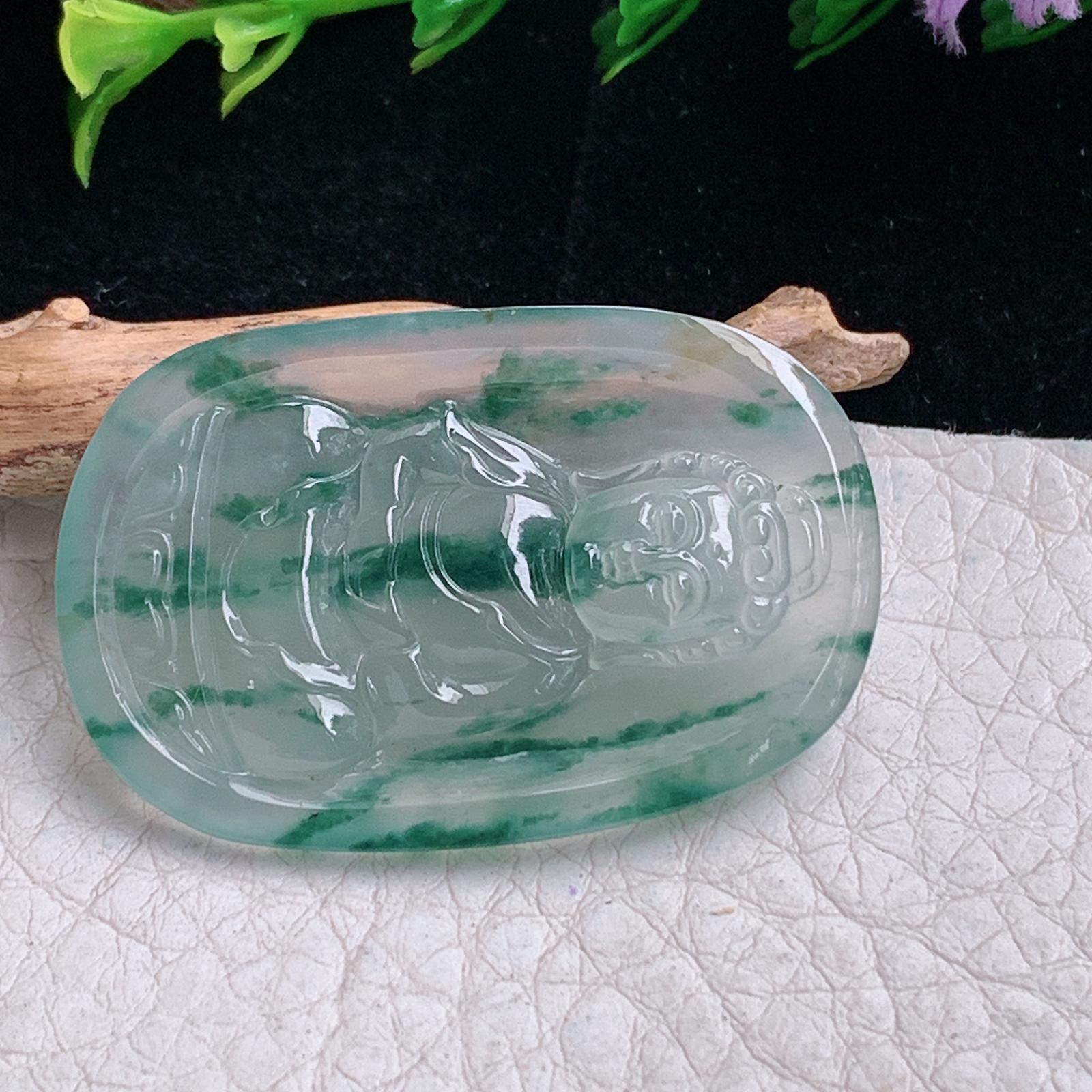 axm实拍39.6*25.6*4.6缅甸翡翠冰种飘花宝宝佛 佛祖玉吊坠