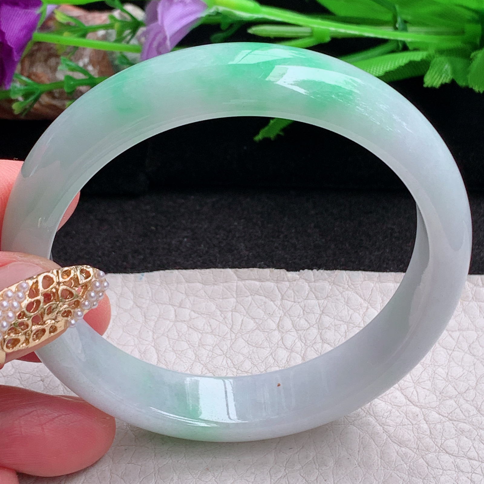 yh白底青58.5*12.3*9.6平安镯 缅甸翡翠a货手镯飘阳绿正圈玉镯子