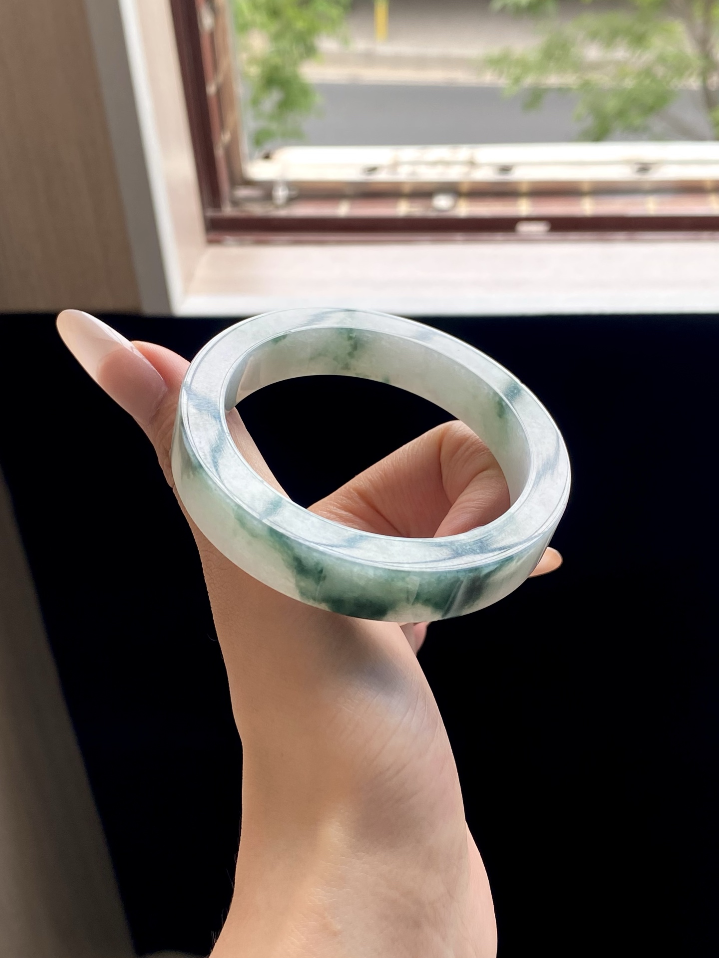 冰蓝飘花镯胚，A0420-2，73-57-12-8.2