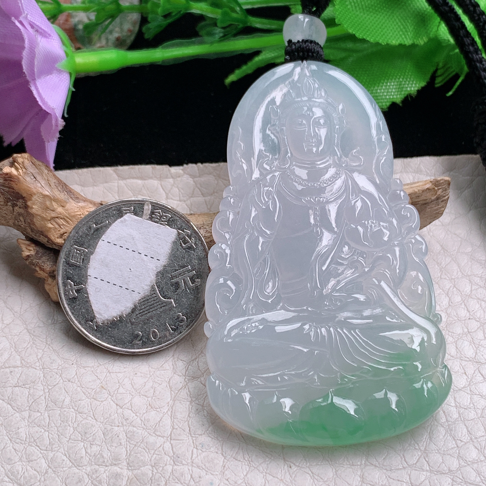 yl实拍64.6*37*5.8缅甸翡翠冰润飘绿度母观音 玉观音玉吊坠 玉挂件