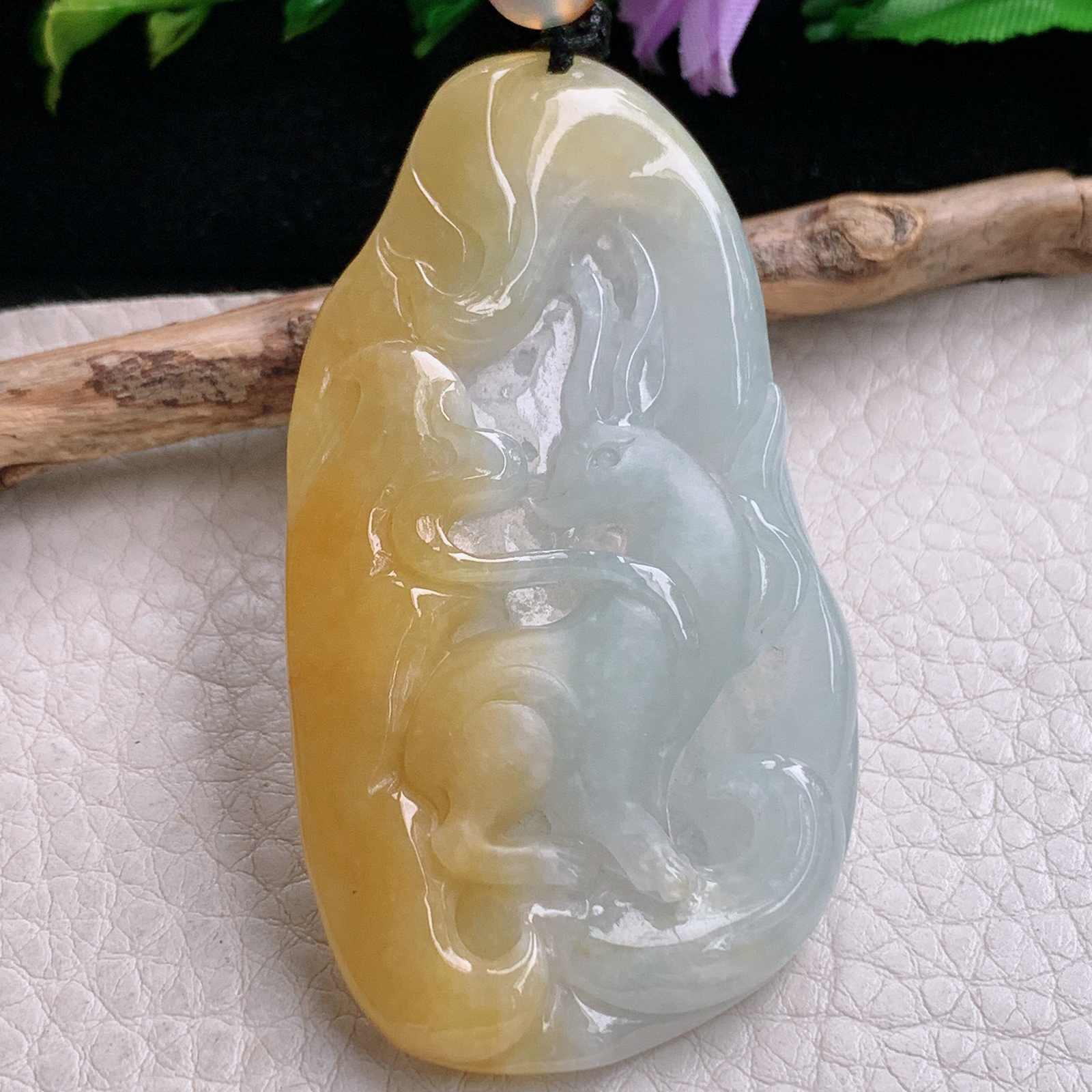 t实拍63.5*35*6缅甸翡翠A货精雕冰双彩水灵九尾孤玉吊坠 玉挂件