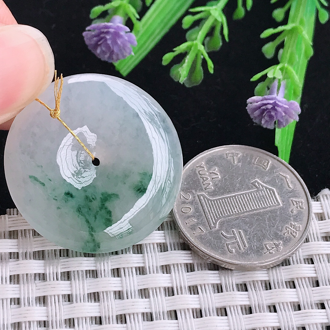 实拍A货翡翠30.5/5.7老坑冰胶水灵冰飘花平安扣吊坠翡翠玉坠挂件