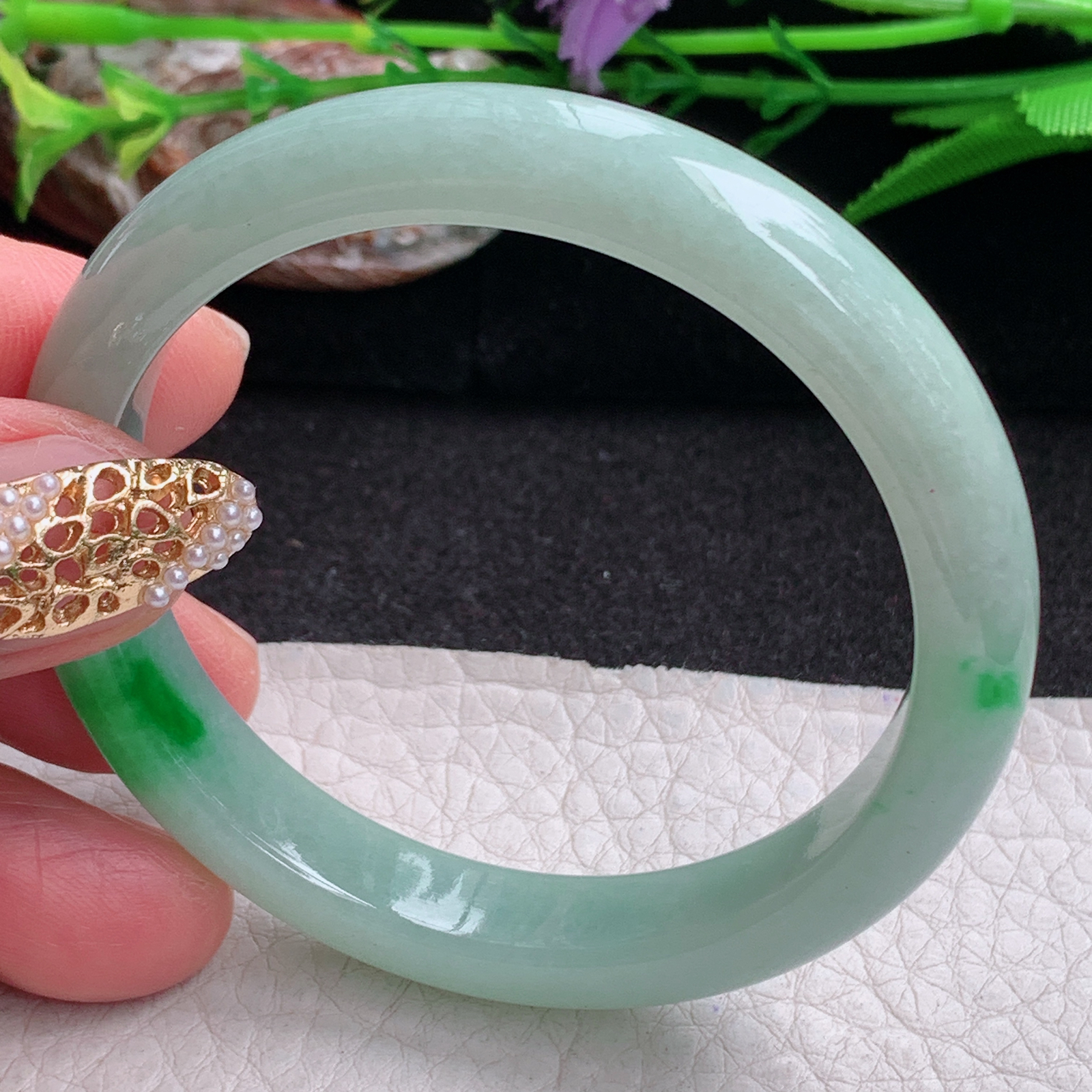 xx小圈口51*9.6*7平安镯 缅甸翡翠a货手镯飘阳绿女款正圈玉镯子