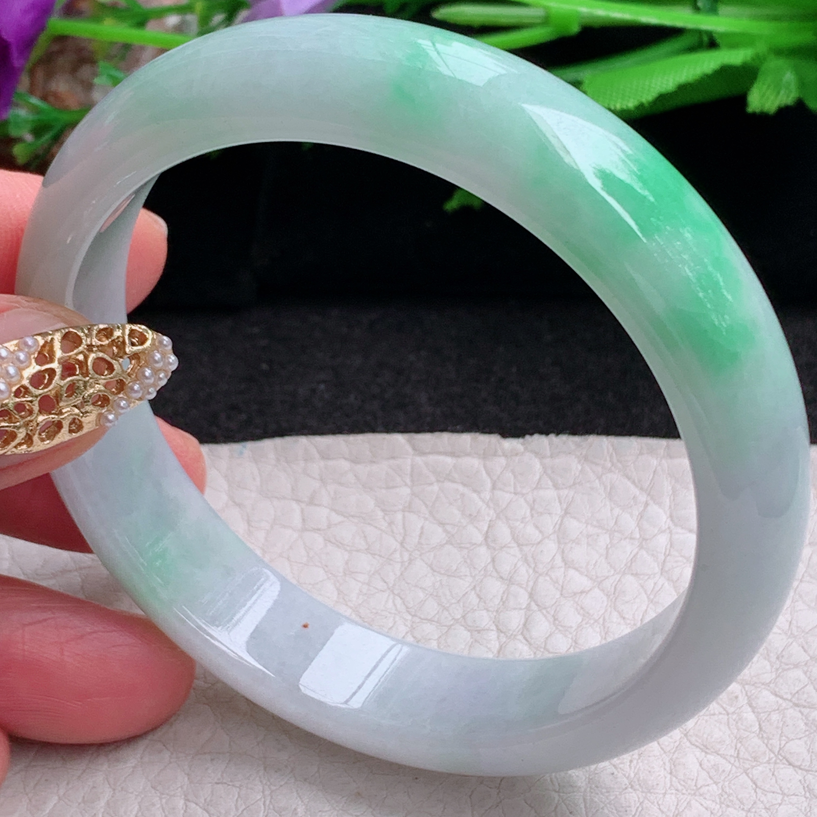 yh白底青58.5*12.3*9.6平安镯 缅甸翡翠a货手镯飘阳绿正圈玉镯子