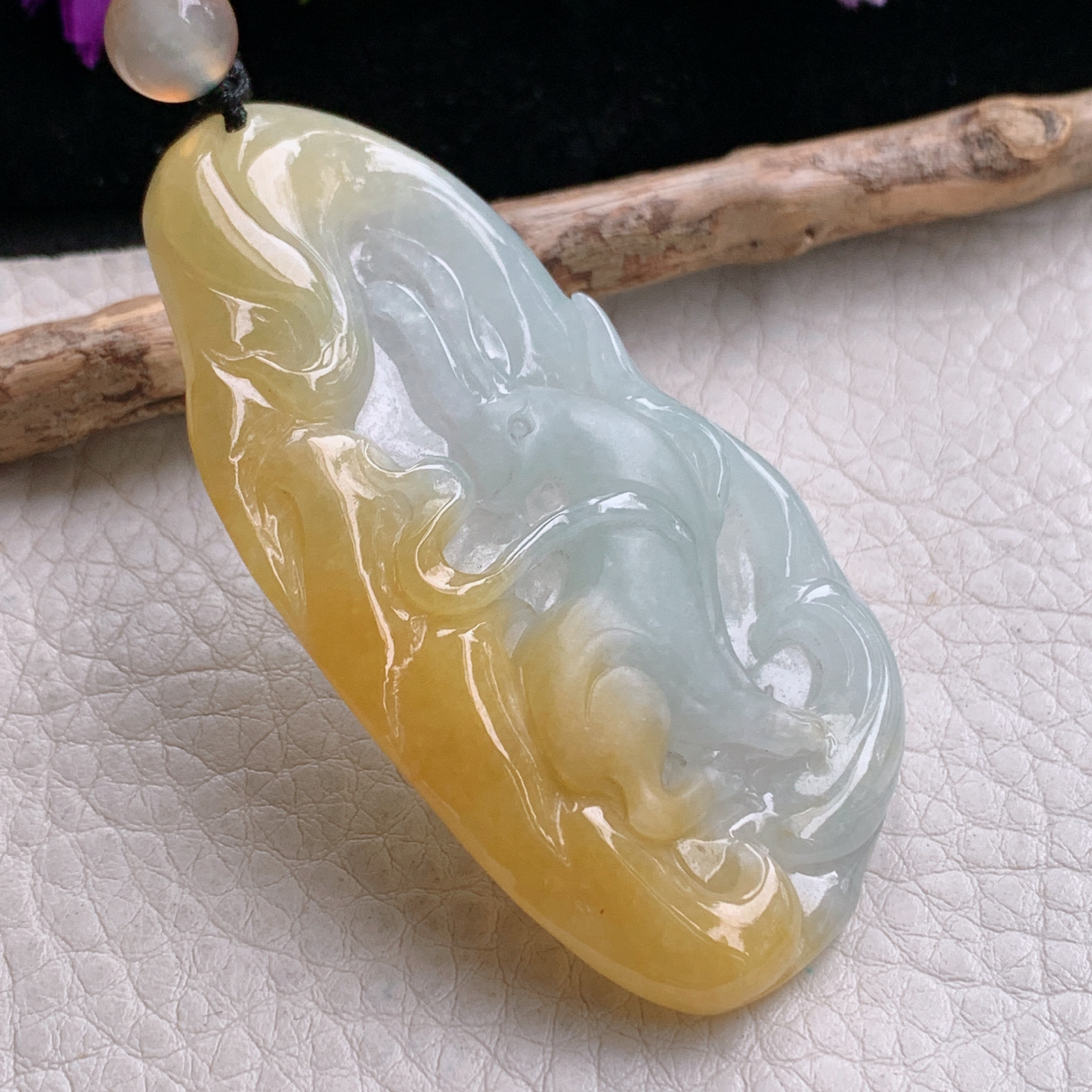 t实拍63.5*35*6缅甸翡翠A货精雕冰双彩水灵九尾孤玉吊坠 玉挂件