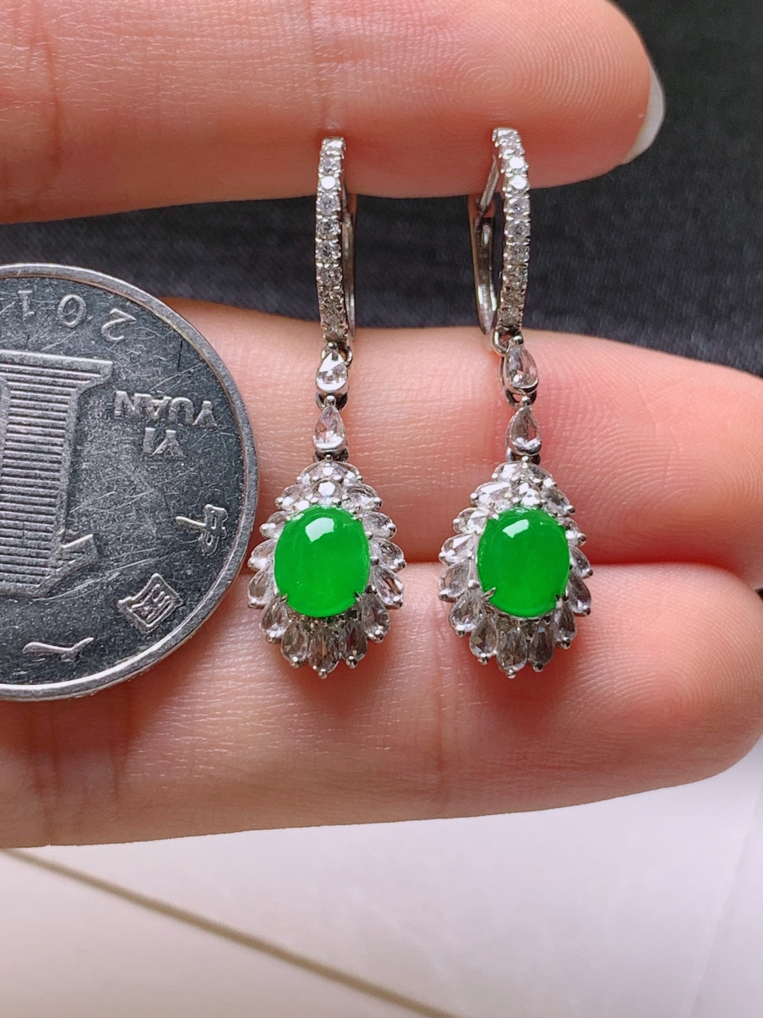 ️ 冰阳绿旦面耳坠，无裂色阳，裸石6.2/5.1/3.1