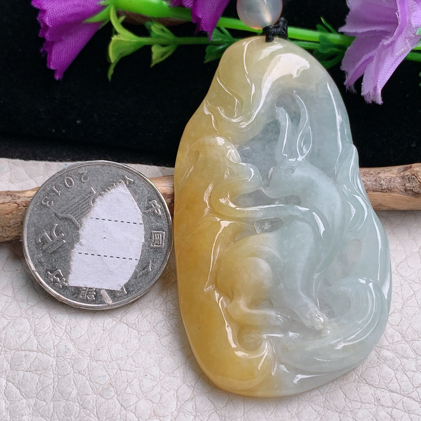 t实拍63.5*35*6缅甸翡翠A货精雕冰双彩水灵九尾孤玉吊坠 玉挂件