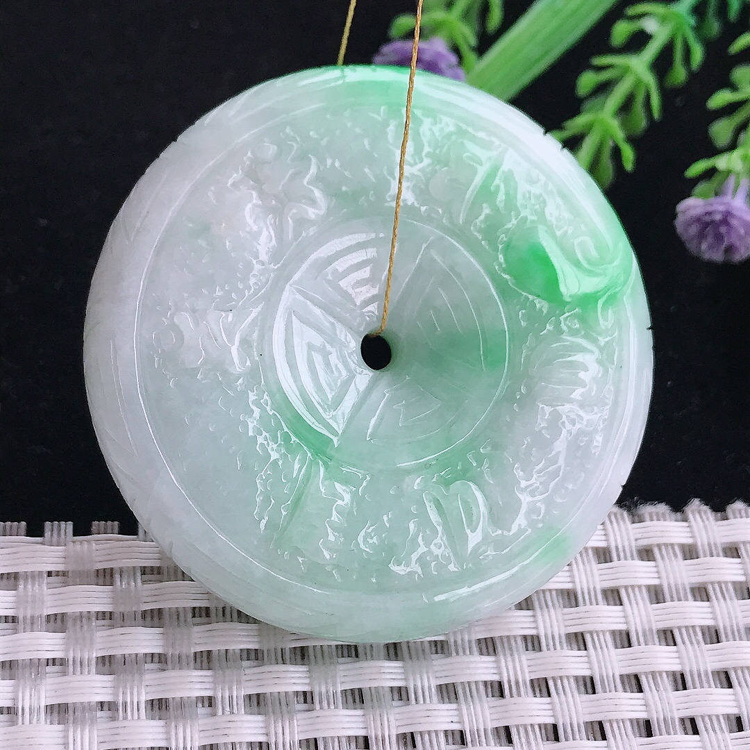 实拍A货翡翠50.3/12.5老坑精美温润飘阳绿仿古平安扣吊坠翡翠玉坠挂件