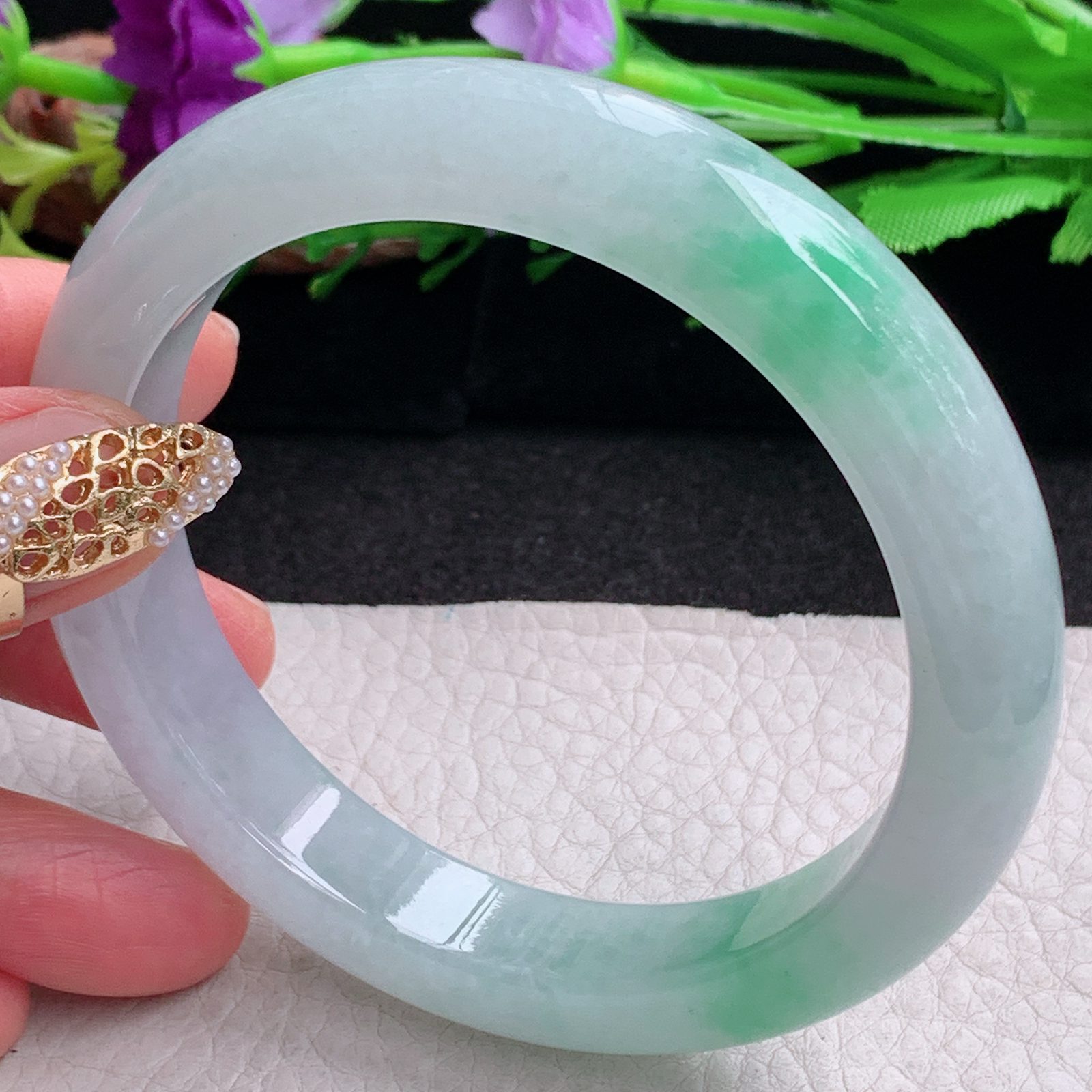 yh大圈口61.8*12.5*9.2平安镯 缅甸翡翠a货手镯冰飘绿正圈玉镯子