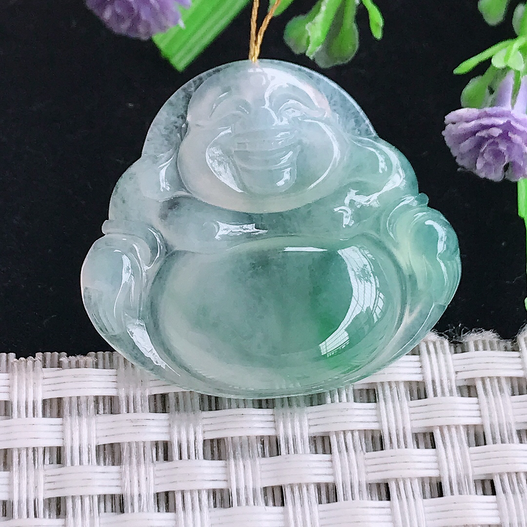 实拍A货翡翠27.6/30.6/5.5老坑冰胶飘绿佛公吊坠翡翠玉坠挂件