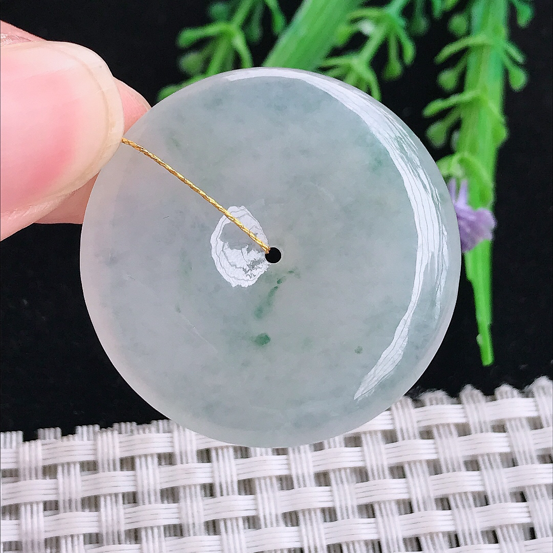 实拍A货翡翠34.5/5.8老坑冰透起胶冰飘花平安扣吊坠翡翠玉扣挂件