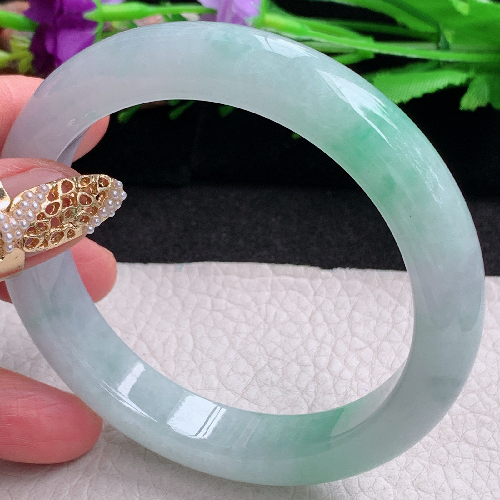 yh大圈口61.8*12.5*9.2平安镯 缅甸翡翠a货手镯冰飘绿正圈玉镯子