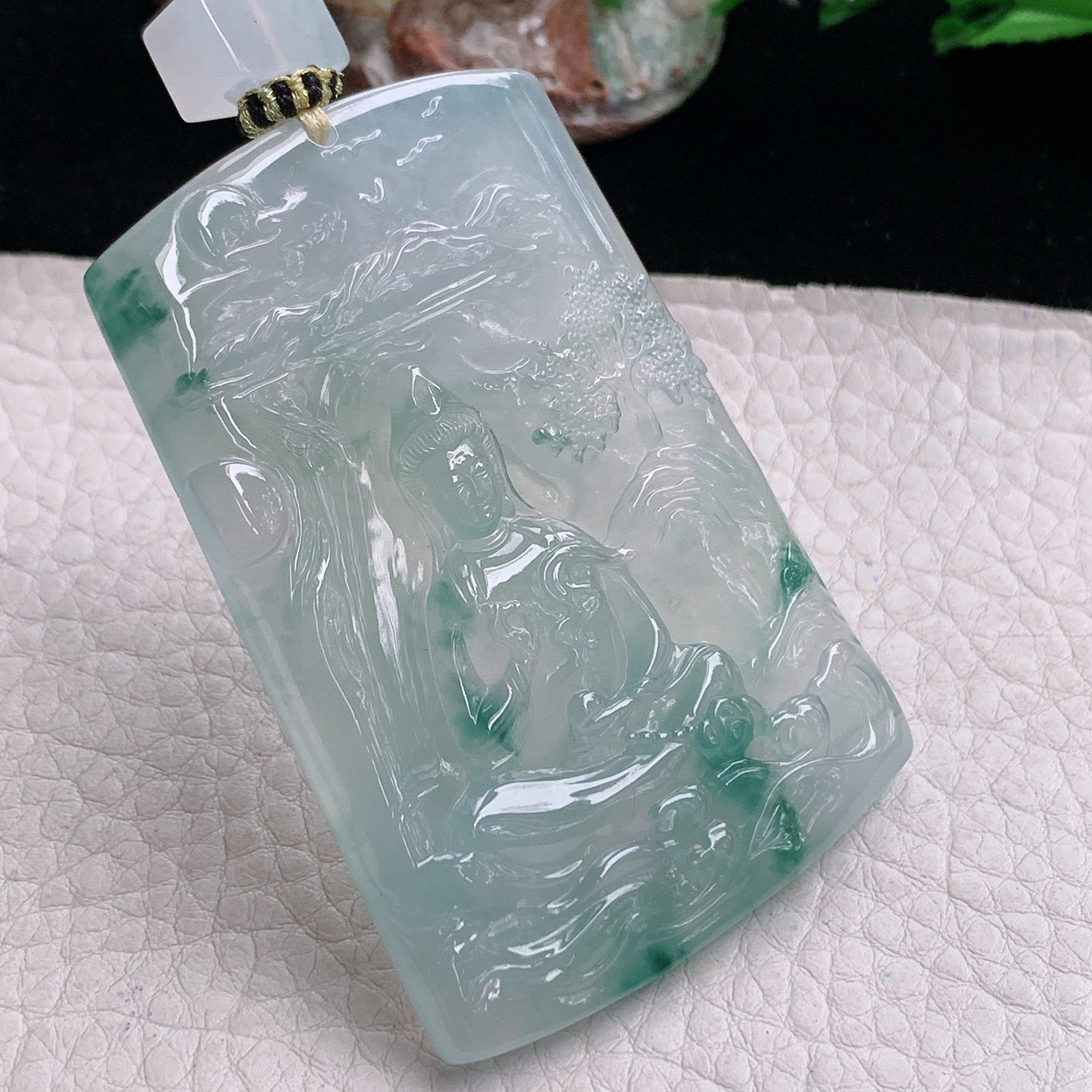 yl实拍64*43.8*5.6缅甸翡翠冰种飘花山水观音 玉观音玉吊坠 玉挂件