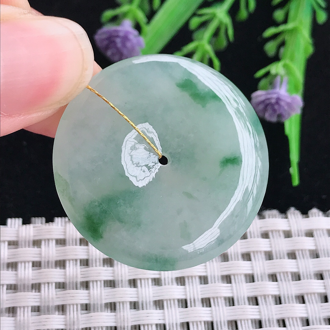 实拍A货翡翠33.2/5.5老坑冰胶水灵飘花平安扣吊坠翡翠玉坠挂件