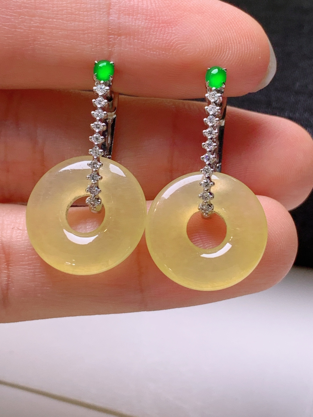 ️ 冰黄翡甜甜圈耳坠，无裂色正，裸石15.5-3.1