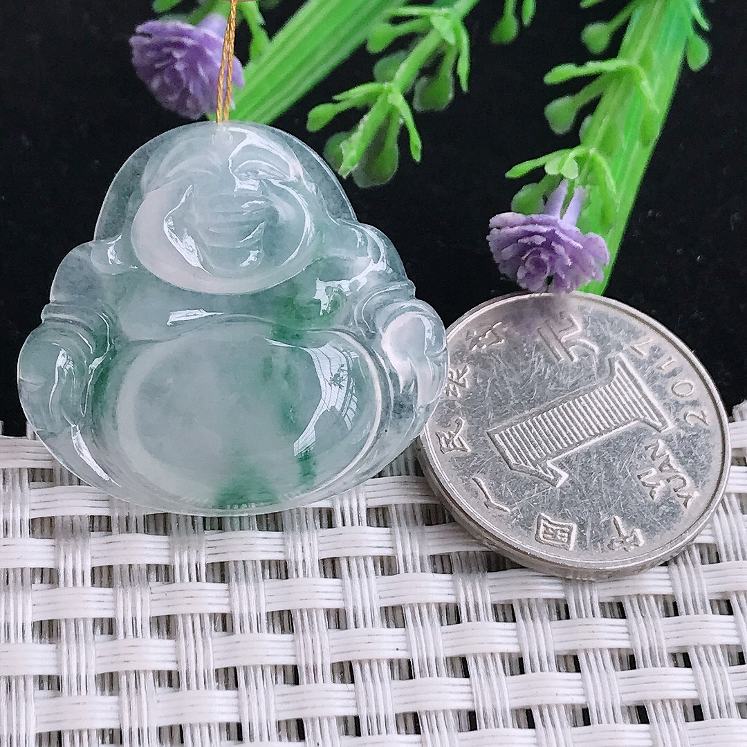 实拍A货翡翠29.6/32/6.1老坑冰种起胶冰飘花佛公吊坠翡翠玉佛挂件