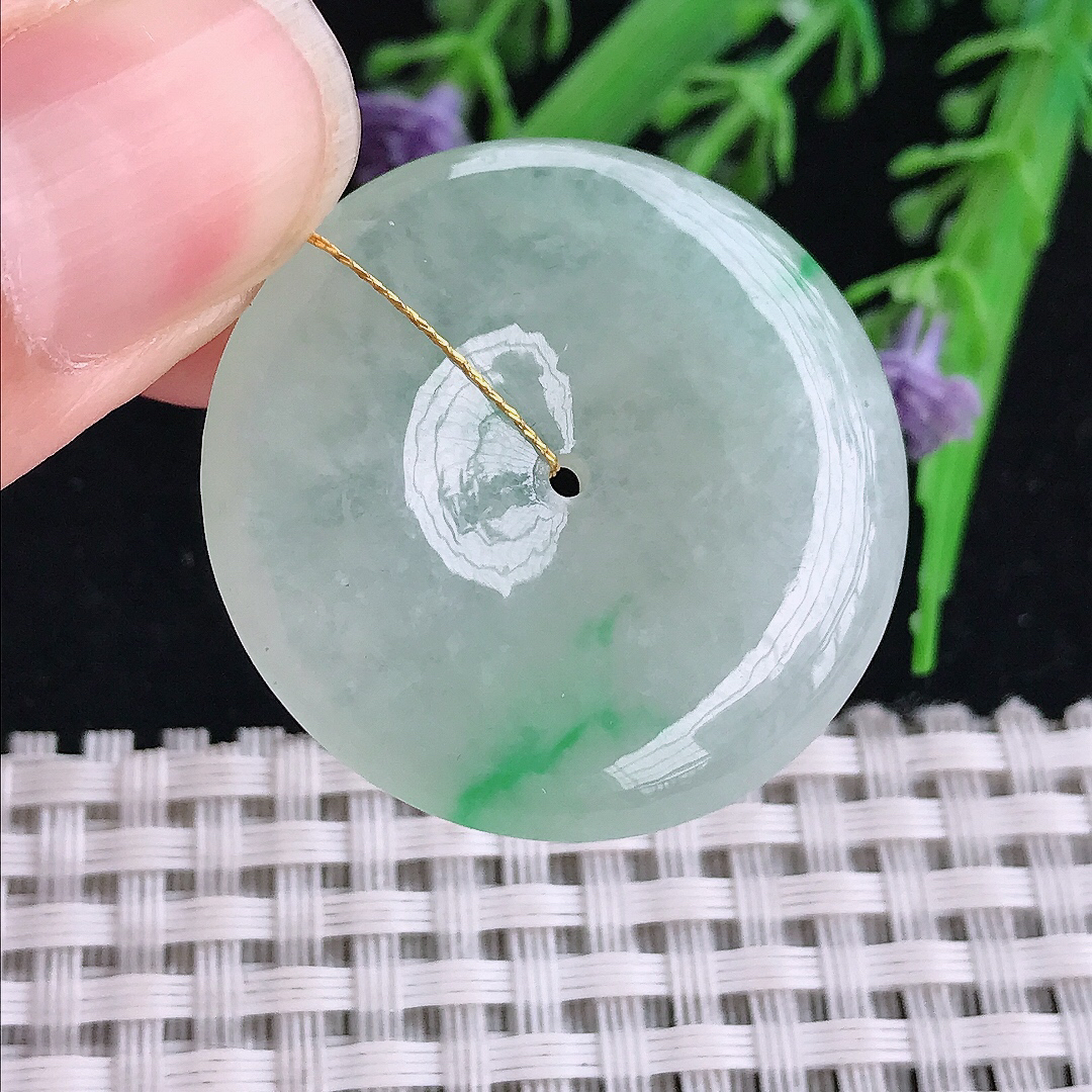 实拍A货翡翠31.9/6老坑冰胶果冻冰晴飘绿平安扣吊坠翡翠玉扣挂件