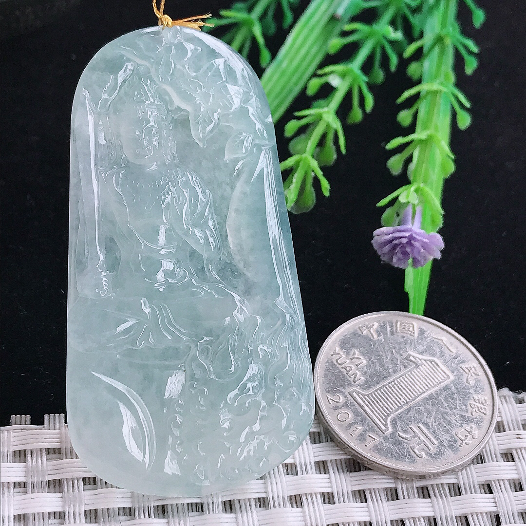 实拍A货翡翠57.2/30.3/5.2老坑冰胶果冻冰晴文殊菩萨吊坠翡翠玉坠挂件