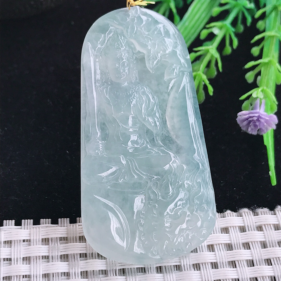 实拍A货翡翠57.2/30.3/5.2老坑冰胶果冻冰晴文殊菩萨吊坠翡翠玉坠挂件