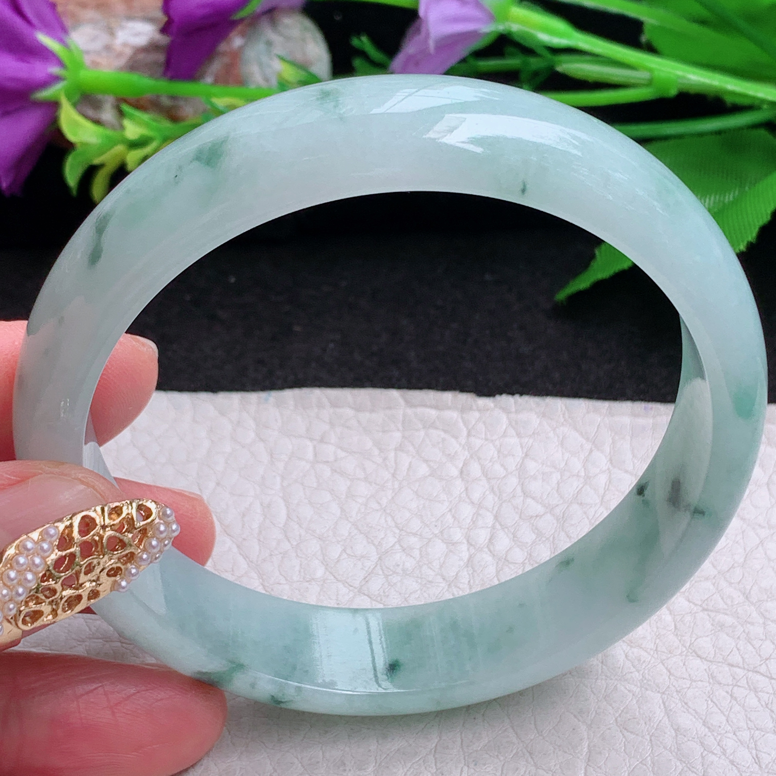 nr大圈口63*14.6*7平安镯 缅甸翡翠a货手镯飘花大气正圈玉镯子