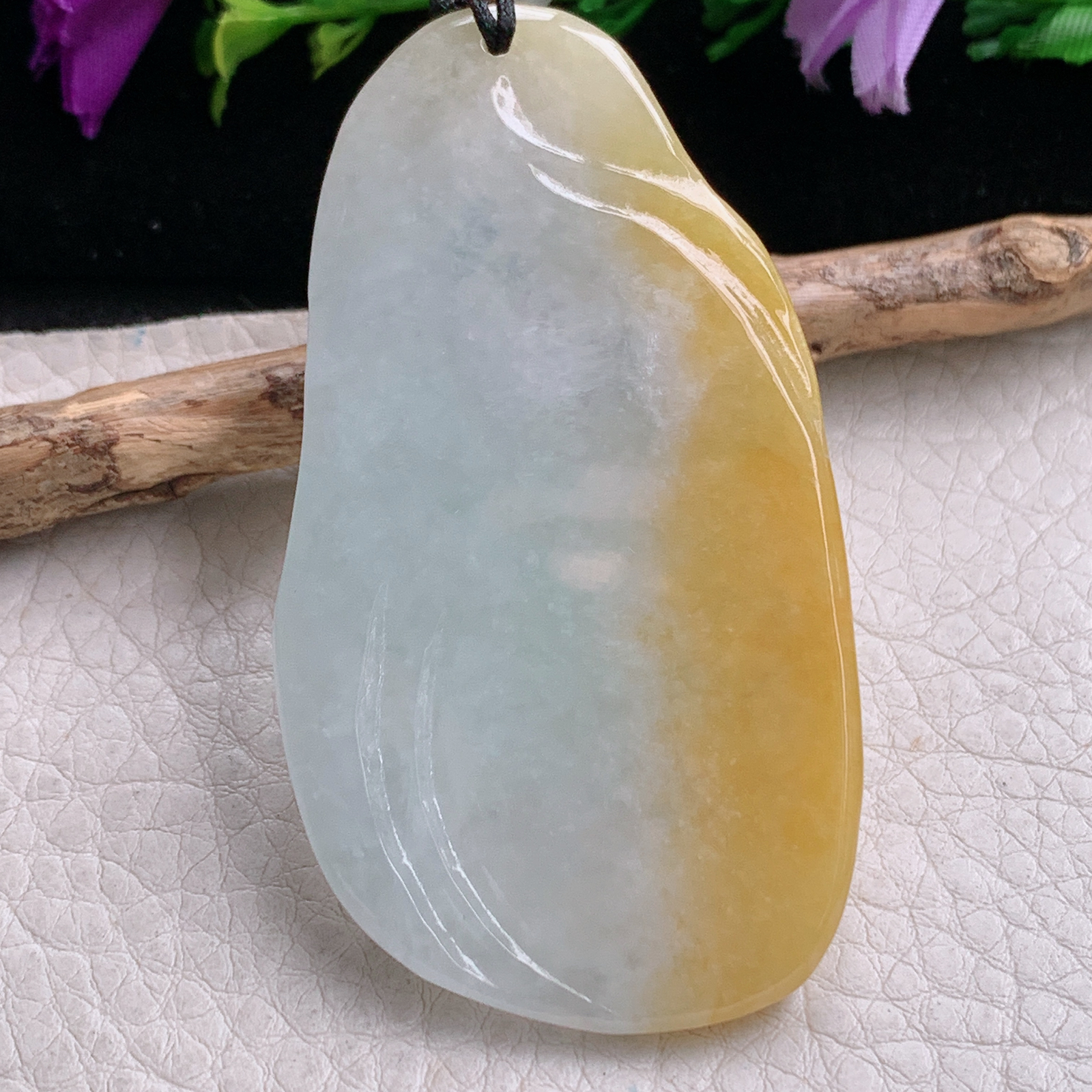 t实拍63.5*35*6缅甸翡翠A货精雕冰双彩水灵九尾孤玉吊坠 玉挂件