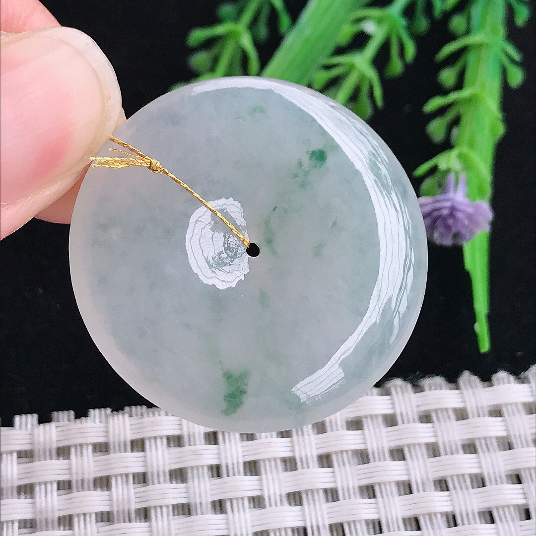 实拍A货翡翠34.5/5.8老坑冰透起胶冰飘花平安扣吊坠翡翠玉扣挂件