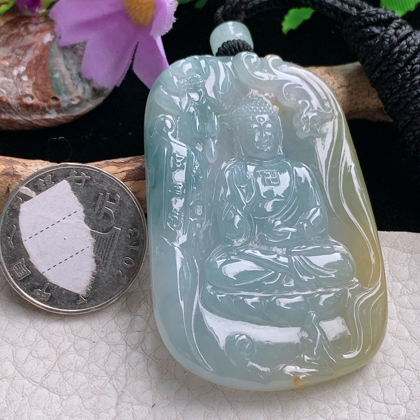 yl实拍58.5*39*5.8缅甸翡翠冰三彩阿弥陀佛佛祖玉吊坠 玉挂件