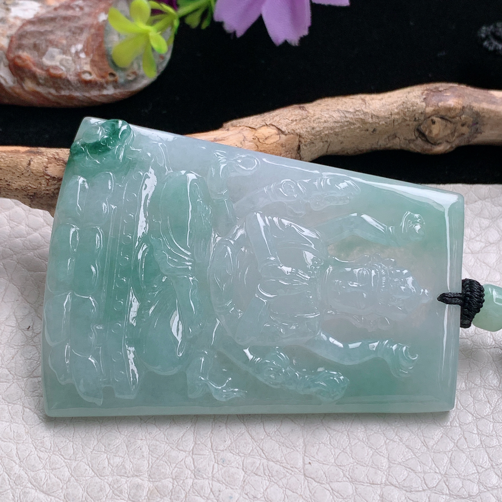 yl实拍65*47.8*5.7缅甸翡翠冰飘花千手观音 生肖守护神玉吊坠 玉挂件