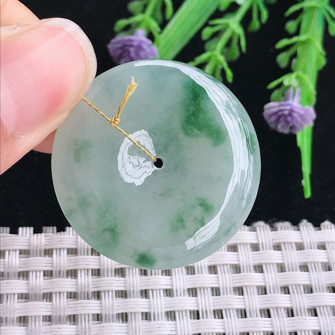 实拍A货翡翠33.2/5.5老坑冰胶水灵飘花平安扣吊坠翡翠玉坠挂件