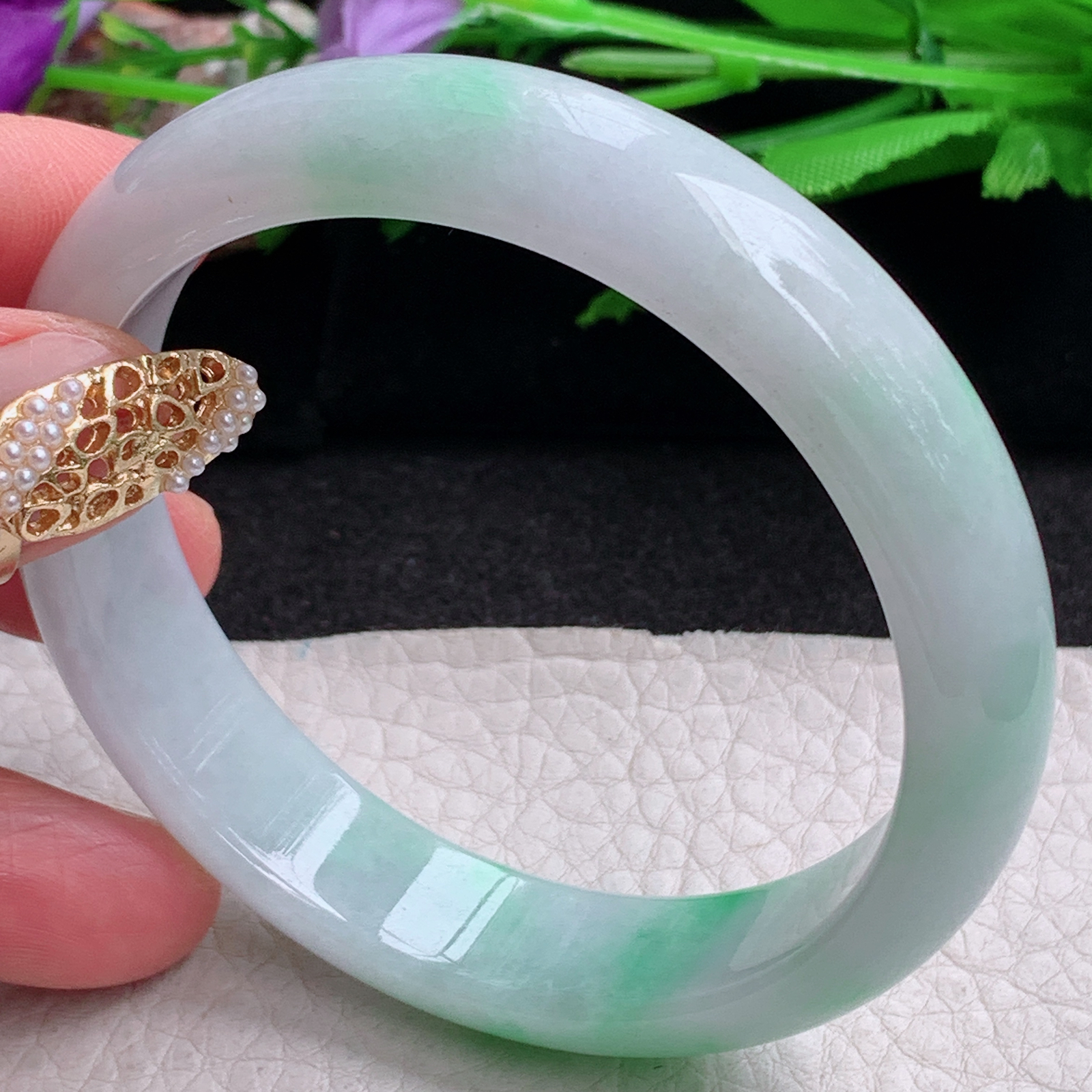 yh白底青58.5*12.3*9.6平安镯 缅甸翡翠a货手镯飘阳绿正圈玉镯子